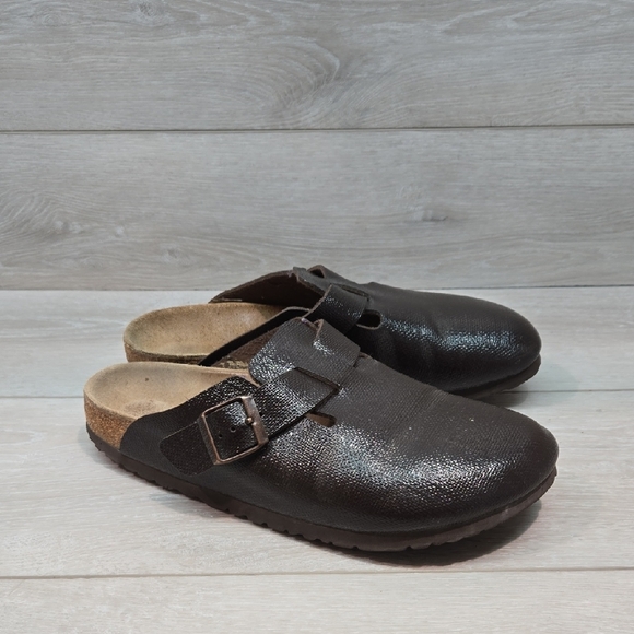 Birkenstock Womem Boston Brown Leather Slip-On Clogs Mule Shoes Sz 10 Narrow - Picture 1 of 13